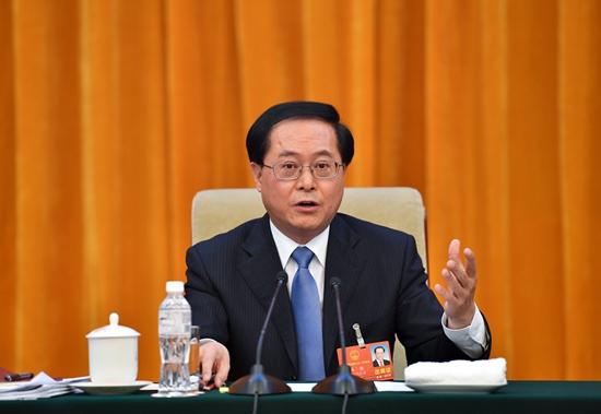 3月8日上午，浙江代表团媒体开放日，省委书记、省人大常委会主任车俊回答中外记者提问。浙江在线记者 梁臻 摄